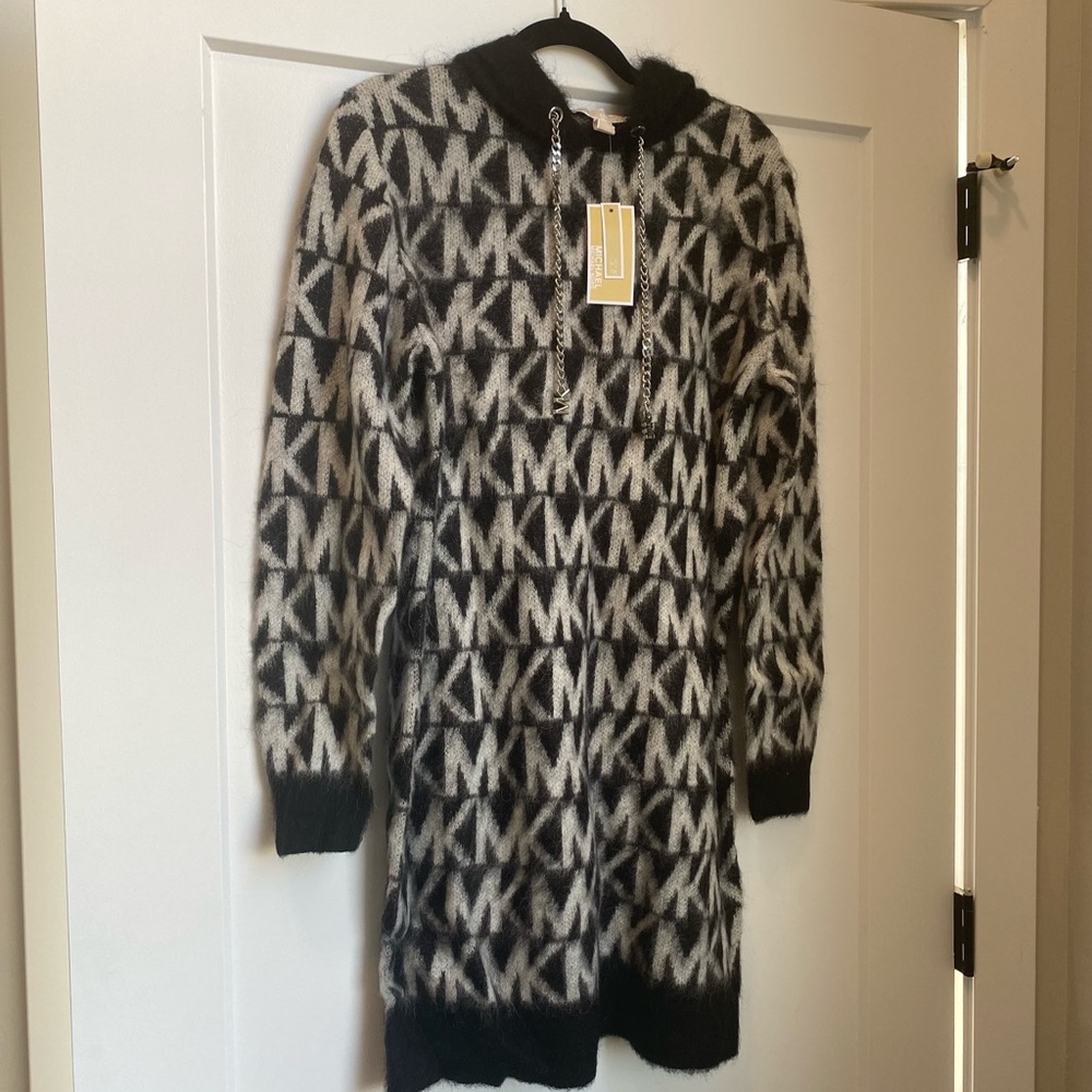 NWT MK logo pattern Michael Kors black & bone color sweater dress with hood new